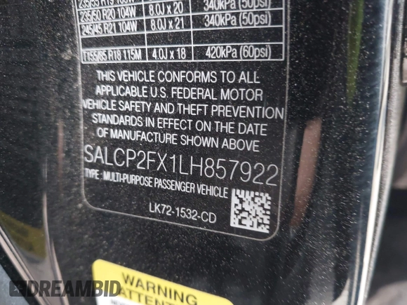 2020 Land Rover Discovery Sport SE with VIN SALCP2FX1LH857922, listed as a IAAI auction lot 41931539 with 55,574 mi miles and . Bid and sale history available at DreamBid. Image 9.