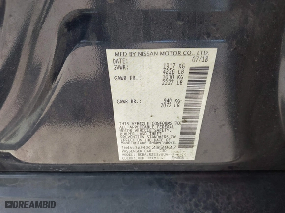2018 Nissan Altima 2.5 SL with VIN 1N4AL3AP4JC283937, listed as a IAAI auction lot 41272679 with 120,374 mi miles. Bid and sale history available at carsss.com. Image 9.