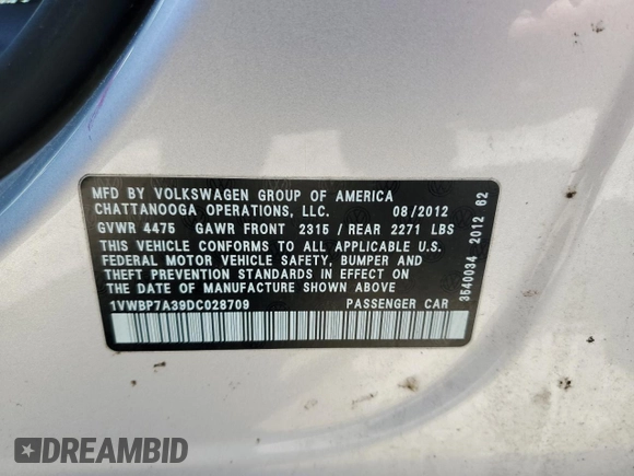 2013 Volkswagen Passat SE w/Sunroof & Nav with VIN 1VWBP7A39DC028709, listed as a Copart auction lot 49280055 with 171,325 mi miles and Clean Title. Bid and sale history available at carsss.com. Image 13.