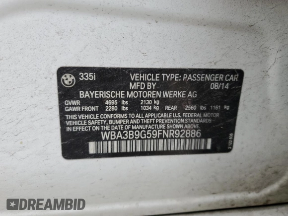 2015 BMW 3 Series 335i xDrive with VIN WBA3B9G59FNR92886, listed as a Copart auction lot 83223924 with Not Provided miles and Salvage Title. Bid and sale history available at carsss.com. Image 12.