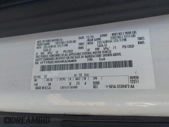 2017 Ford Transit z VIN 1FTYR2CMXHKA39469, wystawiony jako IAAI lot #41052341 z przebiegiem 153 613 mil mil oraz . Historia ofert i sprzedaży dostępna na DreamBid. Obrazek 9.