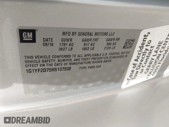 2017 Chevrolet Corvette 3LT z VIN 1G1YF2D75H5107508, wystawiony jako IAAI lot #41841970 z przebiegiem 107 296 mil mil oraz . Historia ofert i sprzedaży dostępna na DreamBid. Obrazek 9.