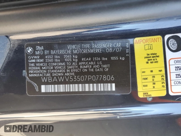 2007 BMW 3 Series 328xi with VIN WBAWV53507P077806, listed as a Copart auction lot 55670105 with 169,046 mi miles and Salvage title. Bid and sale history available at DreamBid. Image 13.
