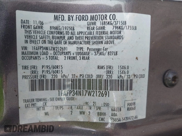2007 Ford Focus S z VIN 1FAFP34N17W212691, wystawiony jako IAAI lot #42130099 z przebiegiem 214 101 mil mil oraz . Historia ofert i sprzedaży dostępna na DreamBid. Obrazek 9.