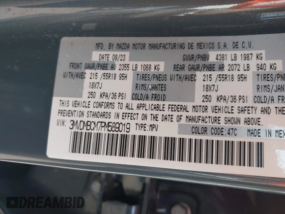 2023 Mazda CX-30 S Carbon Edition with VIN 3MVDMBCM7PM589019, listed as a IAAI auction lot 41251168 with 23,847 mi miles and . Bid and sale history available at DreamBid. Image 9.