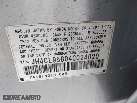 2004 Acura TSX with VIN JH4CL95804C024020, listed as a IAAI auction lot 41752394 with 128,178 mi miles and . Bid and sale history available at DreamBid. Image 9.
