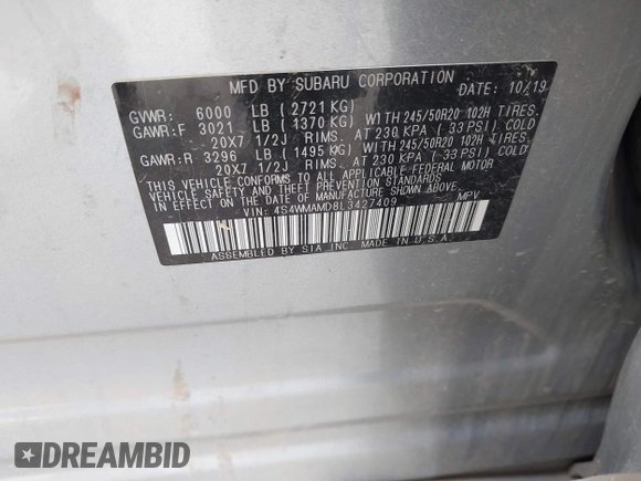 2020 Subaru Ascent Limited с VIN 4S4WMAMD8L3427409, выставлен на аукционе IAAI как лот 42497921 с пробегом Не указан миль и . История ставок и продаж доступна на DreamBid. Изображение 9.