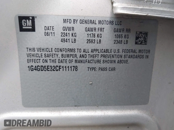 2012 Buick LaCrosse Premium 1 with VIN 1G4GD5E32CF111178, listed as a IAAI auction lot 42236185 with 189,723 mi miles and . Bid and sale history available at DreamBid. Image 9.