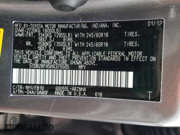 2017 Toyota Highlander LE with VIN 5TDBZRFH5HS375505, listed as a Copart auction lot 47137925 with 84,884 mi miles and Salvage title. Bid and sale history available at DreamBid. Image 13.
