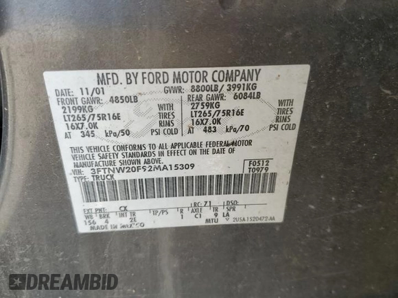 2002 Ford F-250 XL with VIN 3FTNW20F92MA15309, listed as a Copart auction lot 43750155 with 233,290 mi miles and Salvage Title. Bid and sale history available at DreamBid. Image 13.