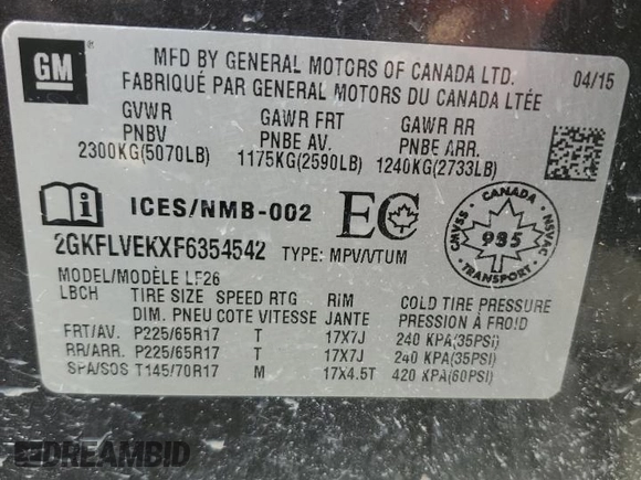 2015 GMC Terrain SLE with VIN 2GKFLVEKXF6354542, listed as a Copart auction lot 63463614 with 212,163 mi miles and Salvage Title. Bid and sale history available at DreamBid. Image 13.