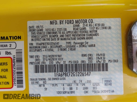 2016 Ford Mustang GT with VIN 1FA6P8CF2G5226547, listed as a IAAI auction lot 42216758 with 39,529 mi miles and . Bid and sale history available at DreamBid. Image 9.