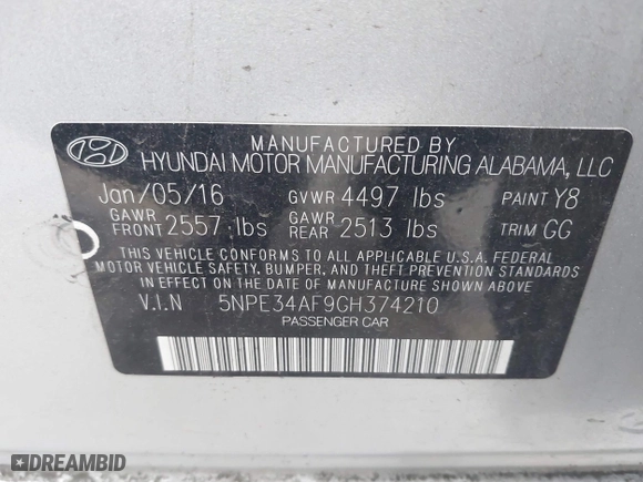 2016 Hyundai Sonata 2.4L Sport with VIN 5NPE34AF9GH374210, listed as a IAAI auction lot 41871957 with 170,044 mi miles. Bid and sale history available at carsss.com. Image 9.