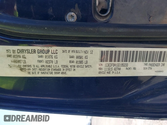 2013 Dodge Dart SXT with VIN 1C3CDFBA1DD195233, listed as a IAAI auction lot 42171622 with 153,531 mi miles and . Bid and sale history available at DreamBid. Image 9.