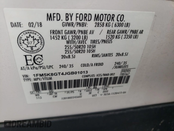 2018 Ford Explorer Sport with VIN 1FM5K8GT4JGB01013, listed as a Copart auction lot 60746615 with 73,583 mi miles and Salvage title. Bid and sale history available at DreamBid. Image 14.