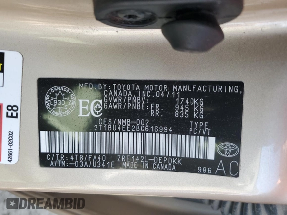 2011 Toyota Corolla L with VIN 2T1BU4EE2BC616994, listed as a Copart auction lot 54421255 with 195,864 mi miles and Non Repairable. Bid and sale history available at carsss.com. Image 13.