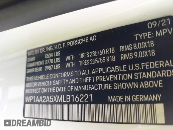 2021 Porsche Macan with VIN WP1AA2A5XMLB16221, listed as a IAAI auction lot 42346445 with 62,742 mi miles and . Bid and sale history available at DreamBid. Image 9.