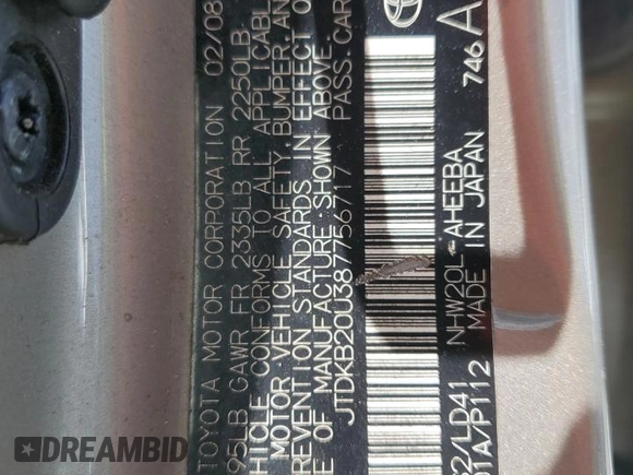 2008 Toyota Prius with VIN JTDKB20U387756717, listed as a Copart auction lot 61163925 with 225,798 mi miles and Salvage title. Bid and sale history available at DreamBid. Image 12.