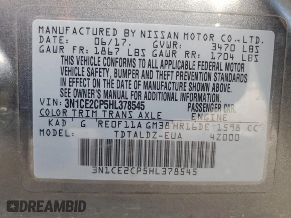 2017 Nissan Note SV z VIN 3N1CE2CP5HL378545, wystawiony jako Copart lot #89282085 z przebiegiem 135 115 mil mil oraz Szkoda całkowita • Salvage title. Historia ofert i sprzedaży dostępna na DreamBid. Obrazek 15.