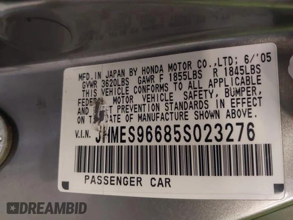 2005 Honda Civic with VIN JHMES96685S023276, listed as a IAAI auction lot 41749104 with 358,387 mi miles and . Bid and sale history available at DreamBid. Image 9.