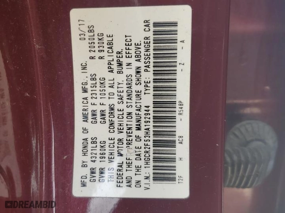 2017 Honda Accord Sedan Sport with VIN 1HGCR2F53HA192944, listed as a Copart auction lot 48325505 with 0 mi miles and Salvage Title. Bid and sale history available at carsss.com. Image 13.