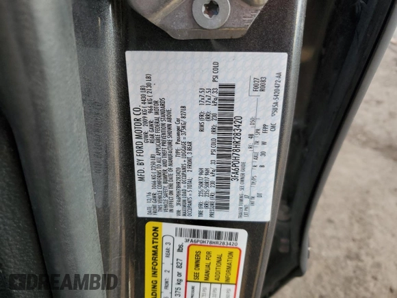 2017 Ford Fusion SE with VIN 3FA6P0H78HR283420, listed as a Copart auction lot 42958245 with 72,128 mi miles and Salvage Title. Bid and sale history available at DreamBid. Image 14.