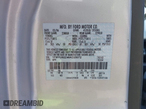 2006 Ford Escape XLS with VIN 1FMYU92Z46KD25072, listed as a IAAI auction lot 42132084 with 52,921 mi miles. Bid and sale history available at carsss.com. Image 9.