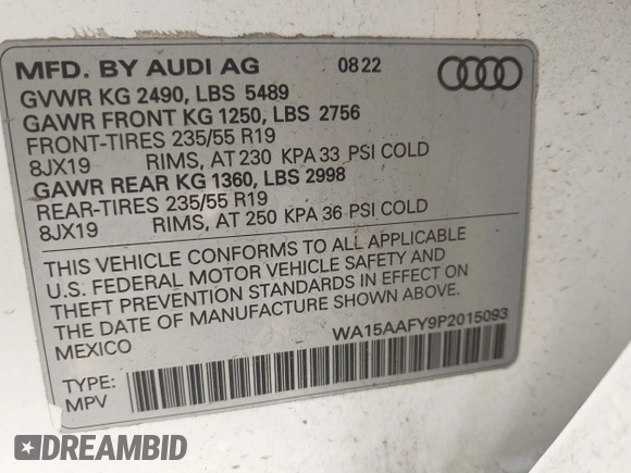 2023 Audi Q5 Sportback S line Premium Plus with VIN WA15AAFY9P2015093, listed as a IAAI auction lot 42024672 with 14,680 mi miles and . Bid and sale history available at DreamBid. Image 9.