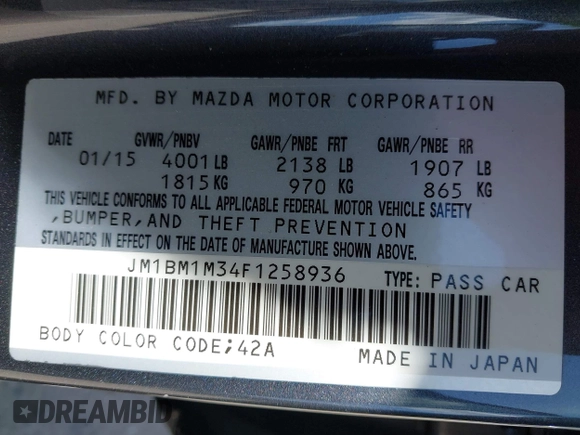 2015 Mazda 3 S Grand Touring with VIN JM1BM1M34F1258936, listed as a IAAI auction lot 42071464 with 100,933 mi miles and . Bid and sale history available at DreamBid. Image 9.