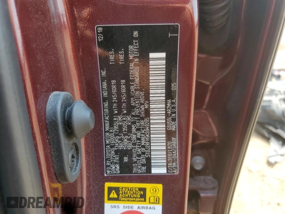 2019 Toyota Highlander SE with VIN 5TDJZRFH5KS949295, listed as a Copart auction lot 59813625 with 118,376 mi miles and Salvage title. Bid and sale history available at DreamBid. Image 13.