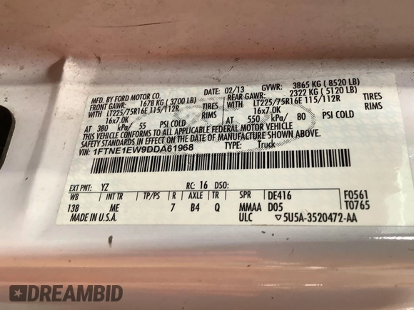 2013 Ford Econoline Cargo Commercial with VIN 1FTNE1EW9DDA61968, listed as a IAAI auction lot 42643038 with 121,719 mi miles and . Bid and sale history available at DreamBid. Image 8.