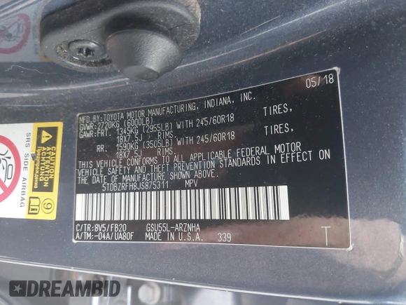 2018 Toyota Highlander LE with VIN 5TDBZRFH8JS875311, listed as a IAAI auction lot 42673189 with 180,025 mi miles and . Bid and sale history available at DreamBid. Image 9.