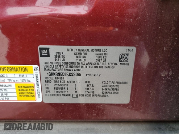 2015 GMC Acadia SLE with VIN 1GKKRNED3FJ223065, listed as a Copart auction lot 57797365 with 195,328 mi miles and Salvage title. Bid and sale history available at DreamBid. Image 13.