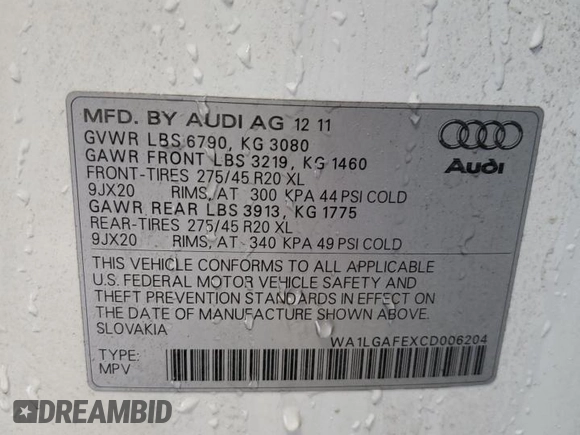 2012 Audi Q7 3.0T Premium Plus with VIN WA1LGAFEXCD006204, listed as a Copart auction lot 83435694 with 171,723 mi miles and Salvage Title. Bid and sale history available at carsss.com. Image 12.