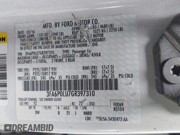 2016 Ford Fusion SE Hybrid with VIN 3FA6P0LU7GR397310, listed as a IAAI auction lot 42075891 with 124,879 mi miles. Bid and sale history available at carsss.com. Image 9.