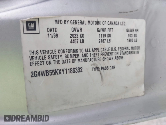 2000 Buick Regal LS with VIN 2G4WB55KXY1186332, listed as a IAAI auction lot 41154057 with Not provided miles and . Bid and sale history available at DreamBid. Image 9.