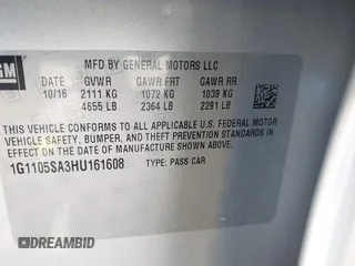 2017 Chevrolet Impala LT with VIN 1G1105SA3HU161608, listed as a IAAI auction lot 41852961 with 102,992 mi miles and . Bid and sale history available at DreamBid. Image 9.