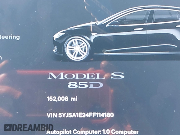 2015 Tesla Model S 85D z VIN 5YJSA1E24FF114180, wystawiony jako IAAI lot #41832583 z przebiegiem 152 008 mil mil oraz . Historia ofert i sprzedaży dostępna na DreamBid. Obrazek 15.