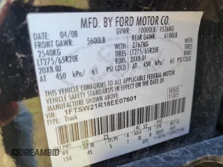 2008 Ford F-250 XL with VIN 1FTSW21R18EE07601, listed as a IAAI auction lot 41682833 with Not provided miles and . Bid and sale history available at DreamBid. Image 9.
