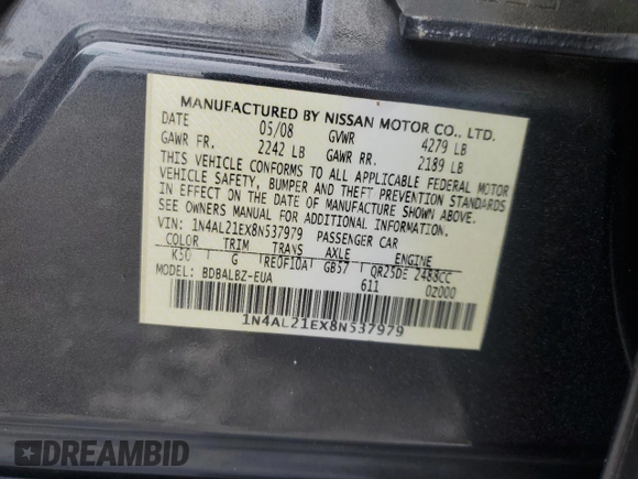 2008 Nissan Altima 2.5 S with VIN 1N4AL21EX8N537979, listed as a Copart auction lot 45853795 with 132,555 mi miles and Salvage Title. Bid and sale history available at carsss.com. Image 15.