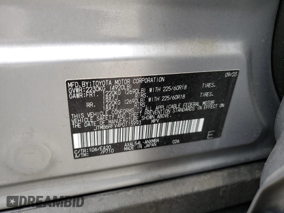 2023 Toyota RAV4 Hybrid XLE Premium with VIN JTMB6RFV4PD115993, listed as a Copart auction lot 53517605 with 19,568 mi miles and Salvage Title. Bid and sale history available at carsss.com. Image 13.