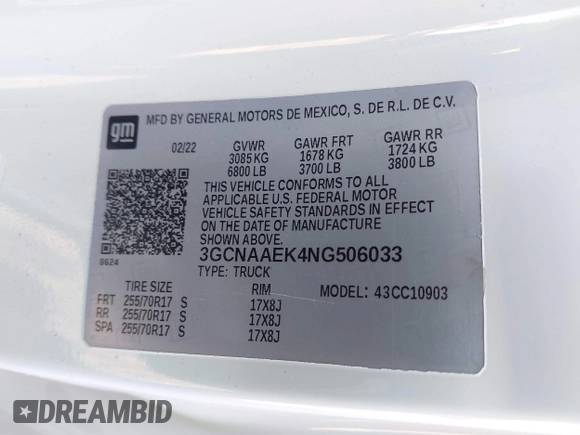 2022 Chevrolet Silverado 1500 Work Truck with VIN 3GCNAAEK4NG506033, listed as a IAAI auction lot 41791429 with 24,818 mi miles and . Bid and sale history available at DreamBid. Image 9.