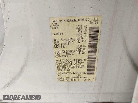2014 Nissan Armada SV z VIN 5N1AA0NDXEN610636, wystawiony jako IAAI lot #41627340 z przebiegiem 66 976 mil mil oraz . Historia ofert i sprzedaży dostępna na DreamBid. Obrazek 9.