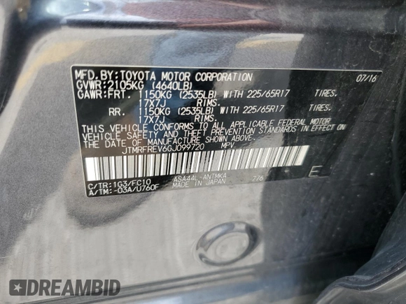2016 Toyota RAV4 XLE with VIN JTMRFREV6GJ099720, listed as a Copart auction lot 60200585 with 148,801 mi miles and Salvage title. Bid and sale history available at DreamBid. Image 12.
