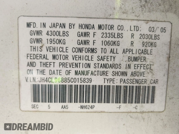 2005 Acura TSX with VIN JH4CL96885C015839, listed as a IAAI auction lot 42121969 with 251,529 mi miles. Bid and sale history available at carsss.com. Image 9.