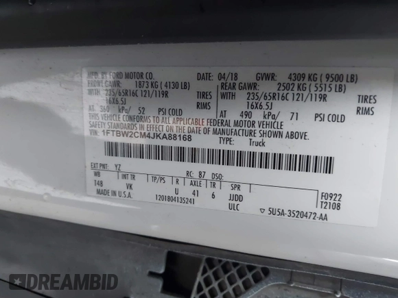 2018 Ford Transit with VIN 1FTBW2CM4JKA88168, listed as a IAAI auction lot 42350787 with 70,534 mi miles and . Bid and sale history available at DreamBid. Image 9.