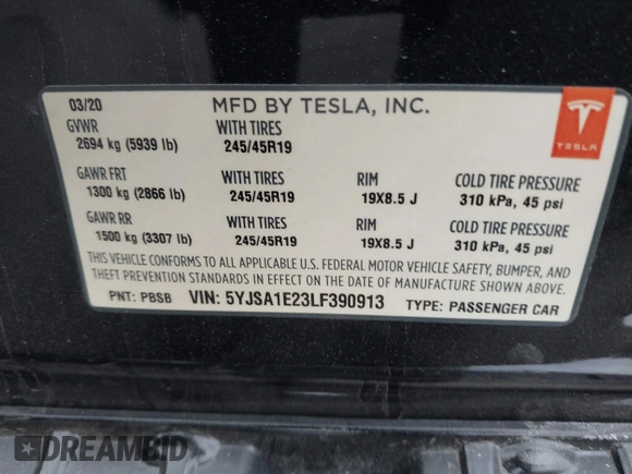2020 Tesla Model S Long Range с VIN 5YJSA1E23LF390913, выставлен на аукционе IAAI как лот 42031044 с пробегом 93 403 миль миль и . История ставок и продаж доступна на DreamBid. Изображение 9.