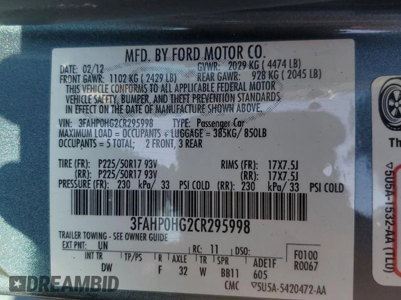 2012 Ford Fusion SE with VIN 3FAHP0HG2CR295998, listed as a Copart auction lot 62371575 with 133,698 mi miles and Clean title. Bid and sale history available at DreamBid. Image 12.