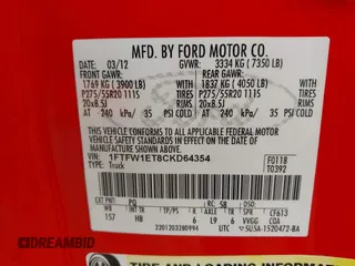 2012 Ford F-150 XL with VIN 1FTFW1ET8CKD64354, listed as a IAAI auction lot 42308178 with 102,277 mi miles and . Bid and sale history available at DreamBid. Image 9.