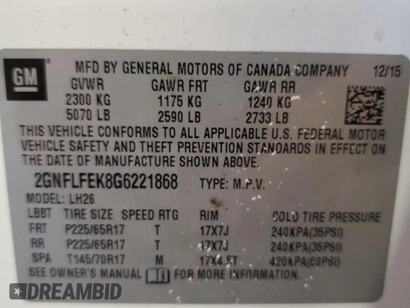 2016 Chevrolet Equinox LT with VIN 2GNFLFEK8G6221868, listed as a Copart auction lot 53621145 with 96,408 mi miles and Salvage Title. Bid and sale history available at DreamBid. Image 13.